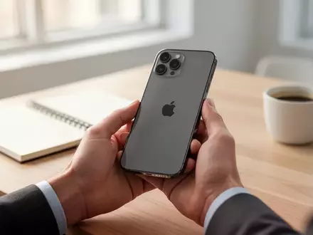 Nahaufnahme einer Hand, die ein iPhone in einer modernen, hellen Büroumgebung hält. - Foto: über boerse-global.de