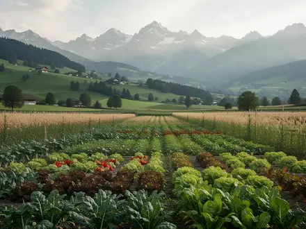 Weite Ackerlandschaft in der Schweiz mit vielfältigem Gemüseanbau vor einer alpinen Bergkulisse. - Foto: über boerse-global.de