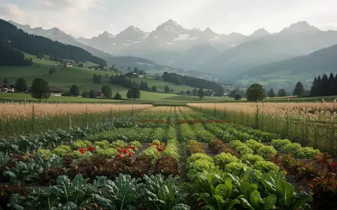 Weite Ackerlandschaft in der Schweiz mit vielfältigem Gemüseanbau vor einer alpinen Bergkulisse. - Foto: über boerse-global.de