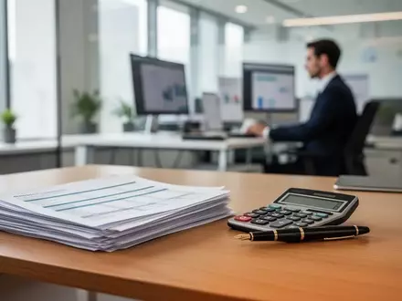 Ein ordentlicher Schreibtisch mit Finanzunterlagen und Taschenrechner in einem modernen Büro eines Kleinunternehmers. - Foto: über boerse-global.de