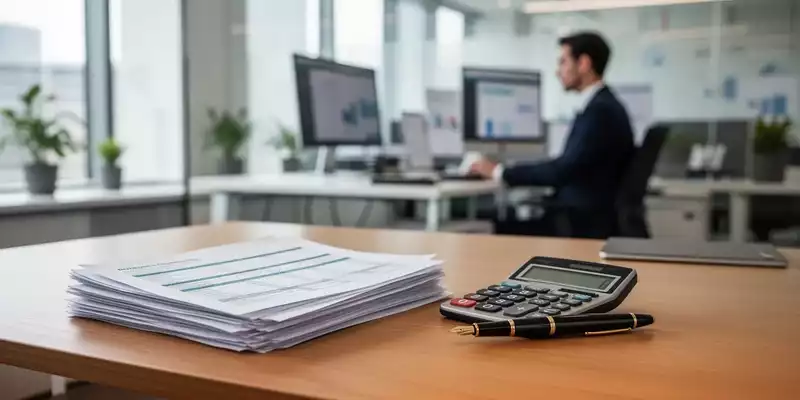 Ein ordentlicher Schreibtisch mit Finanzunterlagen und Taschenrechner in einem modernen Büro eines Kleinunternehmers. - Foto: über boerse-global.de