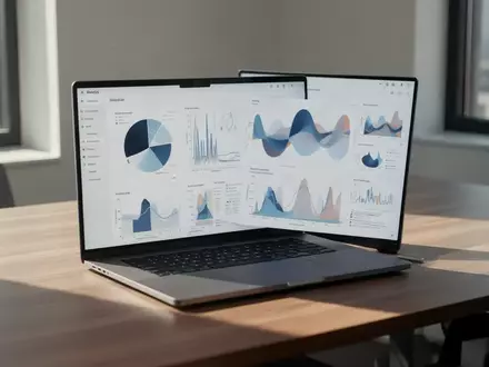 Moderner Arbeitsplatz mit Laptop und abstrakten Datenvisualisierungen in einem hellen Büro. - Foto: über boerse-global.de