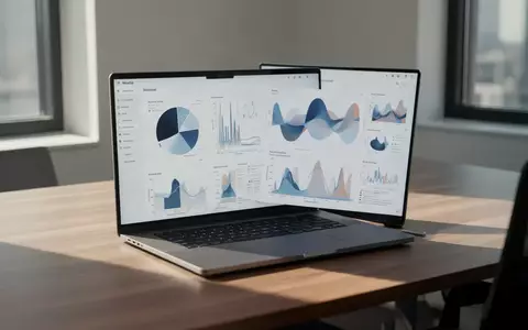 Moderner Arbeitsplatz mit Laptop und abstrakten Datenvisualisierungen in einem hellen Büro. - Foto: über boerse-global.de