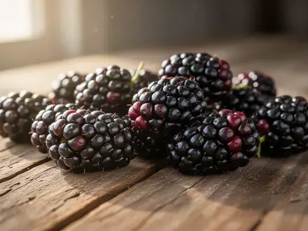 Frische Brombeeren auf einem rustikalen Holztisch im weichen Morgenlicht. - Foto: über boerse-global.de