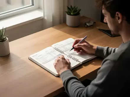 Eine Person sitzt an einem Schreibtisch und analysiert akribisch ihre Finanzen in einem Notizbuch. - Foto: über boerse-global.de