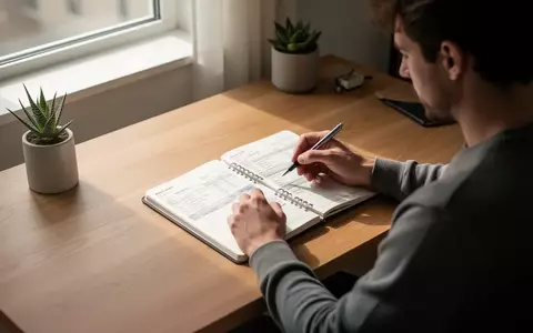 Eine Person sitzt an einem Schreibtisch und analysiert akribisch ihre Finanzen in einem Notizbuch. - Foto: über boerse-global.de