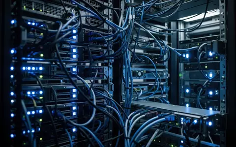Nahaufnahme einer modernen Serverinfrastruktur mit blau leuchtenden LED-Statusanzeigen in einem Rechenzentrum. - Foto: über boerse-global.de