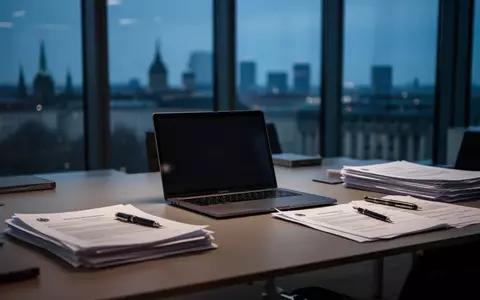 Ein moderner, schlichter Schreibtisch mit offiziellen Regierungsdokumenten und einem Laptop in einem Büro bei Dämmerung. - Foto: über boerse-global.de
