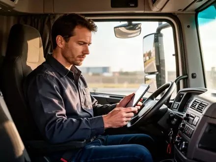 Ein LKW-Fahrer sitzt in seinem modernen Führerhaus und prüft konzentriert ein digitales Tablet. - Foto: über boerse-global.de