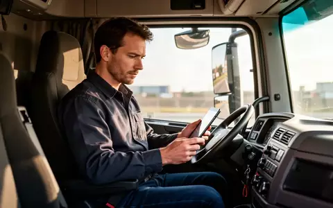 Ein LKW-Fahrer sitzt in seinem modernen Führerhaus und prüft konzentriert ein digitales Tablet. - Foto: über boerse-global.de