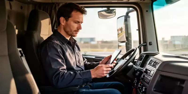 Ein LKW-Fahrer sitzt in seinem modernen Führerhaus und prüft konzentriert ein digitales Tablet. - Foto: über boerse-global.de