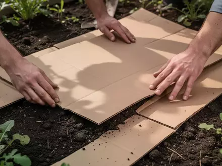 Hände legen braune Pappkartons auf Gartenboden zur ökologischen Unkrautbekämpfung. - Foto: über boerse-global.de