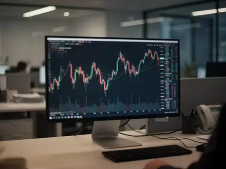 Ein moderner, schummriger Handelsplatz mit einem Computerbildschirm, der abstrakte Finanzdaten zeigt. - Foto: über boerse-global.de