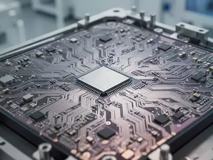Nahaufnahme eines hochkomplexen Silizium-Wafers mit feinster Mikrochip-Architektur in einer Reinraumumgebung. - Foto: über boerse-global.de