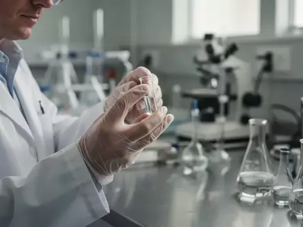 Wissenschaftler arbeitet in einem modernen, hellen Labor mit einem kleinen Glasfläschchen für pharmazeutische Forschung. - Foto: über boerse-global.de