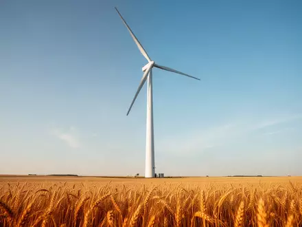 Eine moderne Windkraftanlage in einem weiten goldenen Weizenfeld unter blauem Himmel. - Foto: über boerse-global.de