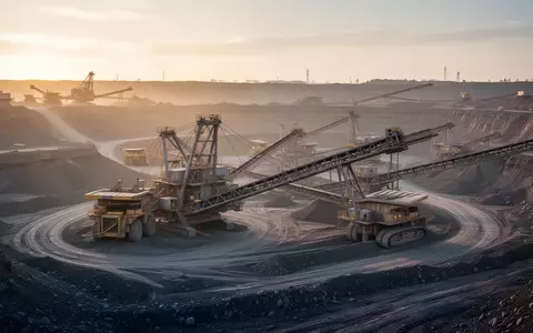 Moderne Bergbauanlage mit schweren Maschinen in einer weitläufigen Tagebau-Landschaft bei Sonnenaufgang. - Foto: über boerse-global.de