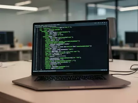 Ein moderner Arbeitsplatz mit einem Laptop, auf dessen Bildschirm eine komplexe Kommandozeilenoberfläche zu sehen ist. - Foto: über boerse-global.de