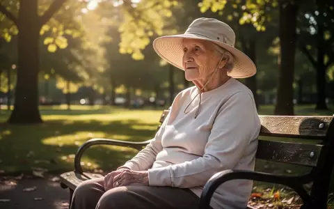 Eine ältere Person mit Hut und schützender Kleidung sitzt an einem sonnigen Tag auf einer Parkbank. - Foto: über boerse-global.de