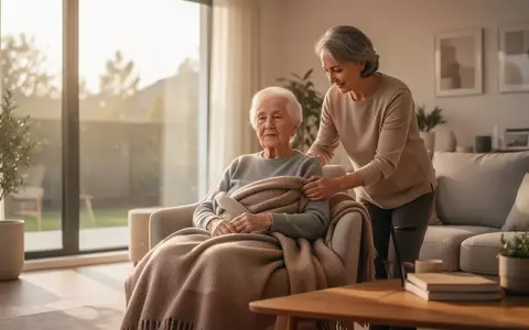 Ein pflegender Angehöriger unterstützt eine ältere Person in einer hellen, wohnlichen Umgebung. - Foto: über boerse-global.de