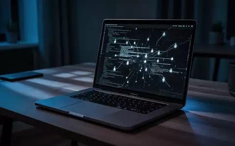 Ein beleuchteter Laptop in einem dunklen Büro, auf dessen Bildschirm abstrakte Programmiercodes und Datenströme zu sehen sind. - Foto: über boerse-global.de
