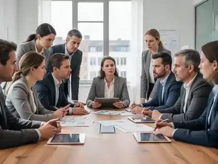 Professionelle Diskussion in einem modernen Bürogebäude einer Krankenkasse mit Fokus auf Strukturfragen. - Foto: über boerse-global.de
