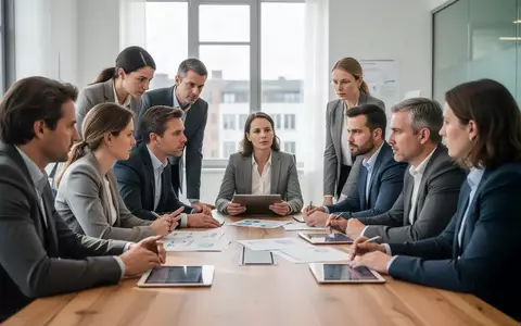 Professionelle Diskussion in einem modernen Bürogebäude einer Krankenkasse mit Fokus auf Strukturfragen. - Foto: über boerse-global.de