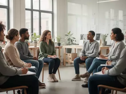 Eine Gruppe von Menschen in einem hellen Seminarraum bei einem Workshop zur psychischen Ersten Hilfe. - Foto: über boerse-global.de
