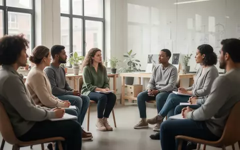 Eine Gruppe von Menschen in einem hellen Seminarraum bei einem Workshop zur psychischen Ersten Hilfe. - Foto: über boerse-global.de