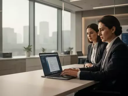 Eine professionelle Büroumgebung in einer Bank mit einem Mitarbeiter an einem Laptop in natürlichem Licht. - Foto: über boerse-global.de