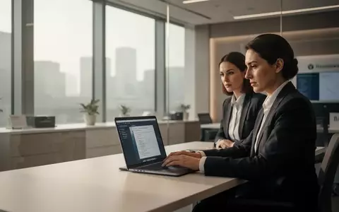 Eine professionelle Büroumgebung in einer Bank mit einem Mitarbeiter an einem Laptop in natürlichem Licht. - Foto: über boerse-global.de