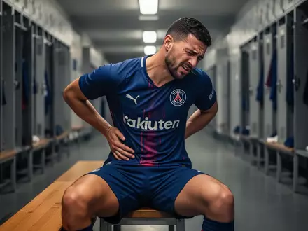 Ein Profisportler sitzt mit schmerzverzerrtem Gesicht in einer Umkleidekabine und hält sich den unteren Rücken. - Foto: über boerse-global.de