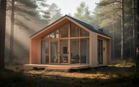 Ein modernes, minimalistisches Tiny House aus Holz in einer sonnendurchfluteten Waldlichtung am Morgen. - Foto: über boerse-global.de