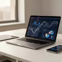 Ein moderner, aufgeräumter Büroarbeitsplatz mit Laptop und digitalen Datenvisualisierungen zur Prozessoptimierung. - Foto: über boerse-global.de