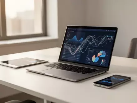 Ein moderner, aufgeräumter Büroarbeitsplatz mit Laptop und digitalen Datenvisualisierungen zur Prozessoptimierung. - Foto: über boerse-global.de