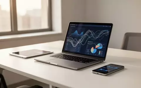 Ein moderner, aufgeräumter Büroarbeitsplatz mit Laptop und digitalen Datenvisualisierungen zur Prozessoptimierung. - Foto: über boerse-global.de