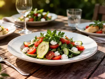 Ein sommerliches, gesundes Gericht mit frischem Gemüse und mediterranen Zutaten auf einem rustikalen Holztisch. - Foto: über boerse-global.de