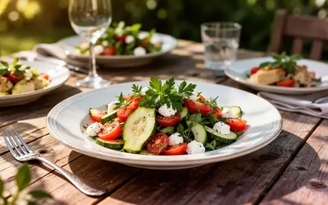 Ein sommerliches, gesundes Gericht mit frischem Gemüse und mediterranen Zutaten auf einem rustikalen Holztisch. - Foto: über boerse-global.de