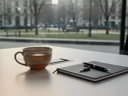 Ein aufgeräumter Schreibtisch mit einer Teetasse und einem Notizbuch in sanftem Tageslicht. - Foto: über boerse-global.de