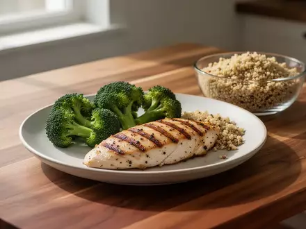 Ein gesundes, ausgewogenes Mittagessen mit Hähnchenbrust, Brokkoli und Quinoa auf einem Holztisch bei natürlichem Tageslicht. - Foto: über boerse-global.de