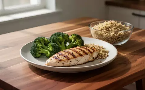 Ein gesundes, ausgewogenes Mittagessen mit Hähnchenbrust, Brokkoli und Quinoa auf einem Holztisch bei natürlichem Tageslicht. - Foto: über boerse-global.de
