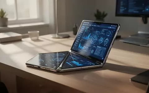 Ein aufgeklapptes, hochwertiges Falt-Smartphone auf einem modernen Schreibtisch in einem hellen Büro. - Foto: über boerse-global.de