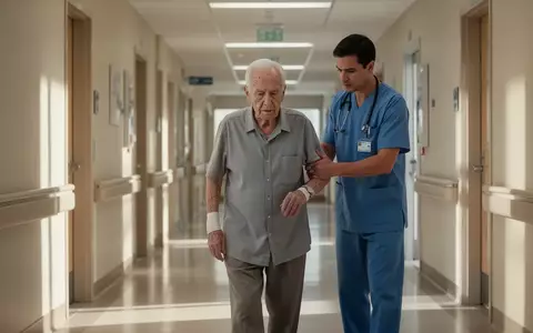 Ein älterer Patient beim Gehtraining in einem modernen Klinikflur nach einer erfolgreichen Hüftoperation. - Foto: über boerse-global.de