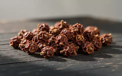 Nahaufnahme von getrockneten Szechuanpfefferkörnern auf einer dunklen Holzoberfläche in natürlichem Licht. - Foto: über boerse-global.de