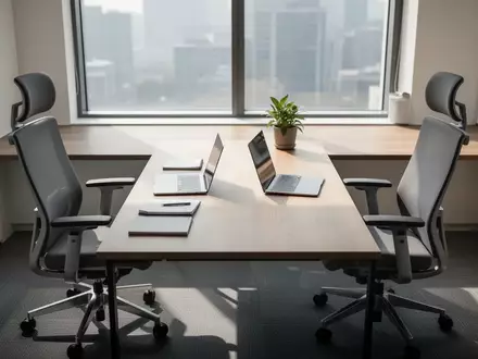 Ein minimalistisch eingerichteter, moderner Büroraum mit zwei Stühlen an einem Holztisch bei natürlichem Tageslicht. - Foto: über boerse-global.de