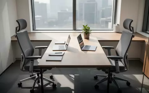 Ein minimalistisch eingerichteter, moderner Büroraum mit zwei Stühlen an einem Holztisch bei natürlichem Tageslicht. - Foto: über boerse-global.de