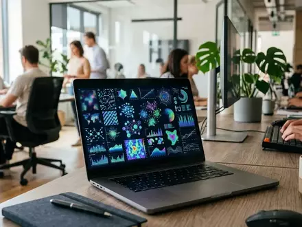 Ein Laptop-Bildschirm zeigt komplexe Datenvisualisierungen und eine interaktive Benutzeroberfläche in einer modernen Büroumgebung. - Foto: über boerse-global.de