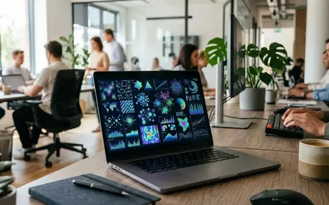 Ein Laptop-Bildschirm zeigt komplexe Datenvisualisierungen und eine interaktive Benutzeroberfläche in einer modernen Büroumgebung. - Foto: über boerse-global.de