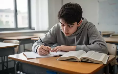 Ein Schüler schreibt konzentriert in ein Notizbuch an einem hellen Schreibtisch in einem modernen Klassenzimmer. - Foto: über boerse-global.de