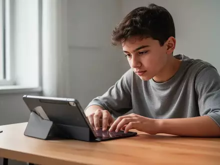 Ein Jugendlicher nutzt konzentriert ein Tablet an einem Schreibtisch in einem hellen, modern eingerichteten Raum. - Foto: über boerse-global.de